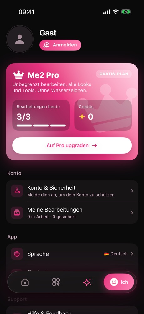 Ich: Jeden Tag gratis bearbeiten, oder hol dir Pro für unbegrenzt.