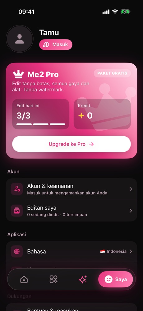 Saya: Edit gratis tiap hari, atau upgrade ke Pro biar unlimited.