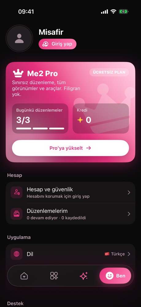 Ben: Her gün ücretsiz düzenleme ya da sınırsız için Pro'ya geç.